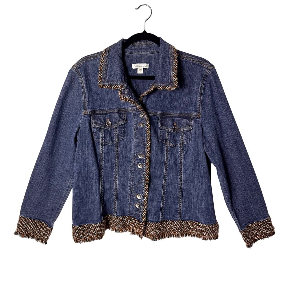 Coldwater Creek Y2K Denim Jacket Tweed Trim Embellished Jean Jacket Sz 18